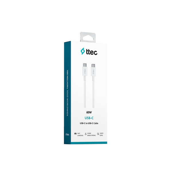 ttec USB-C - USB-C 120cm 60W PD/QC Hızlı Şarj/Data Kablosu Beyaz