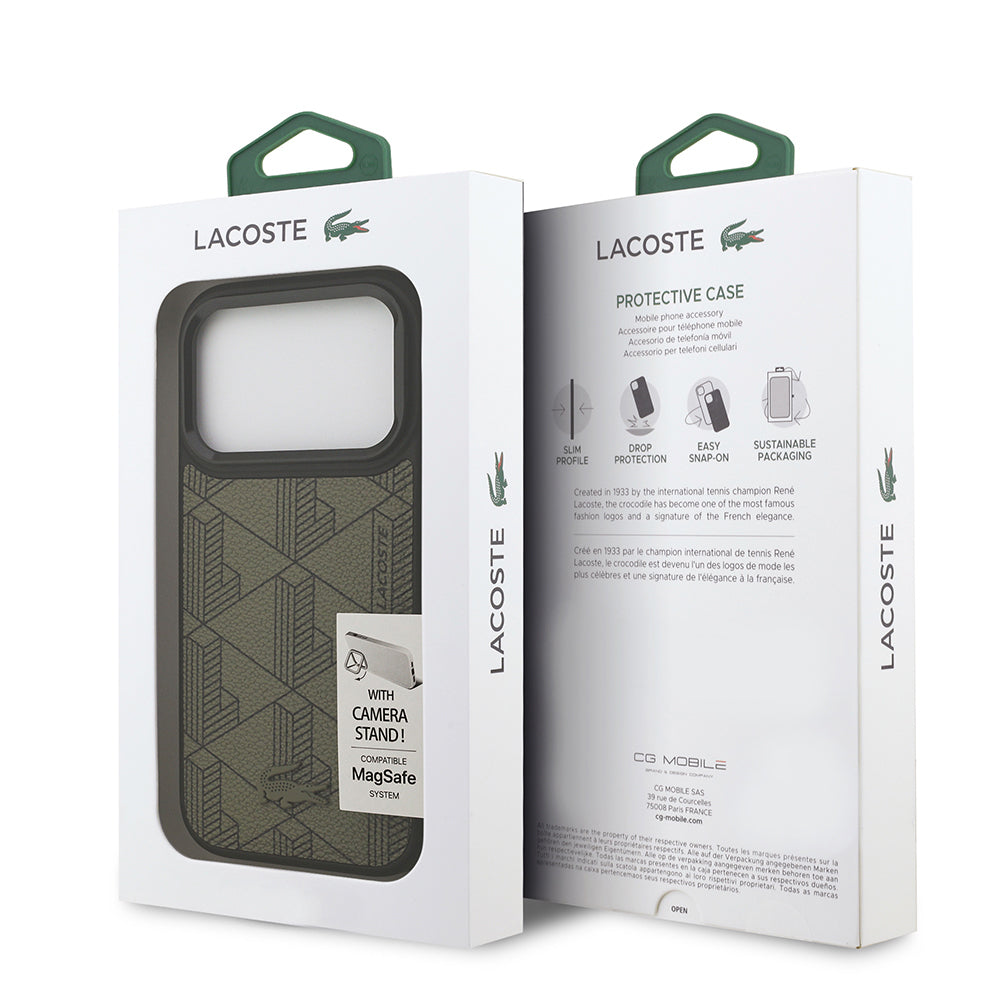 Lacoste Orjinal Lisanslı M-safe Şarj Özellikli Standlı Deri Karışık Desenli Kapak Yeşil