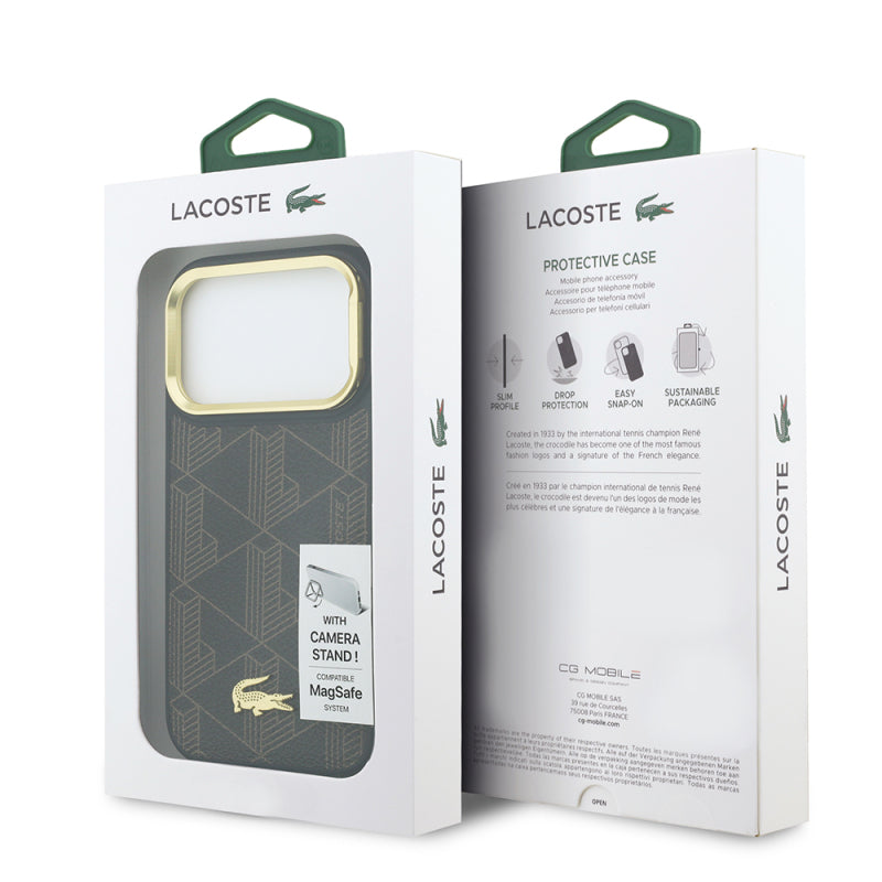 Lacoste Orjinal Lisanslı M-safe Şarj Özellikli Standlı Deri Karışık Desenli Kapak Kahverengi