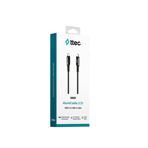 ttec AlumiCable LCD USB-C – USB-C 100W PD/QC 150cm Hızlı Şarj/Data Kablosu Siyah