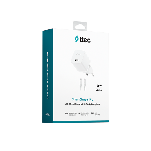 ttec SmartCharger GAN 30W PD Seyahat Hızlı Şarj Aleti + USB-C - Lightning 150cm Kablo