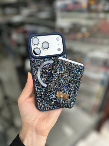 Taşlı MagSafe Kartlık + Kılıf Seti Lacivert