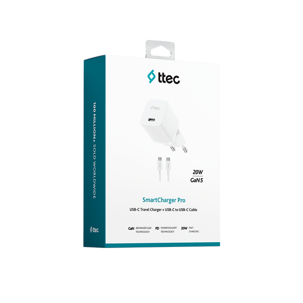 ttec SmartCharger GAN 20W PD Seyahat Hızlı Şarj Aleti + USB-C - USB-C 3A Kablo